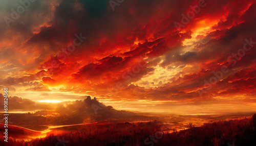 Red sunset. Sky with clouds. Beautiful black red abstract background with copy space © Your Hand Please
