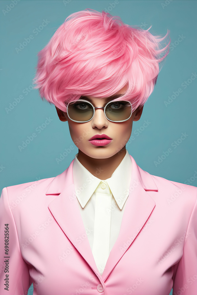 Fashion Girl with Pink Short Hair and Stylish Sunglasses in Pink Suit on Blue Background