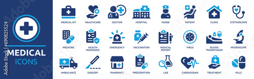 Medical icon set. Containing doctor, medicine, hospital, treatment, healthcare, nurse, pills, clinic and more. Solid vector icons collection.