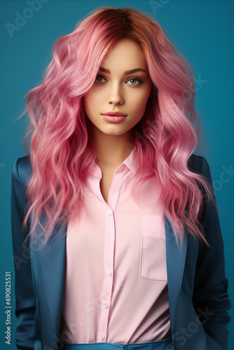 Fashion Girl with Pink Hair Wearing Blue Jacket and Pink Blouse for Professional Photo Session