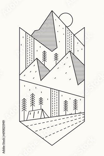 The camping ground mountain and waterfall outdoor mono line design for badge, sticker, patch, t shirt design