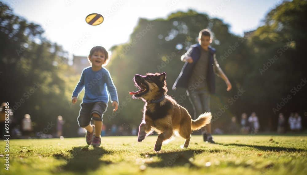 Dog Catching Frisbee in Park with Child Playing
Dog Catching Frisbee in Park with Child Playing