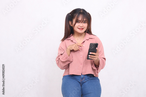 Business, finance and work Improvement projects successful Asian businessman cheerful professional stylish woman holding mobile phone pointing gadget smiling on white background