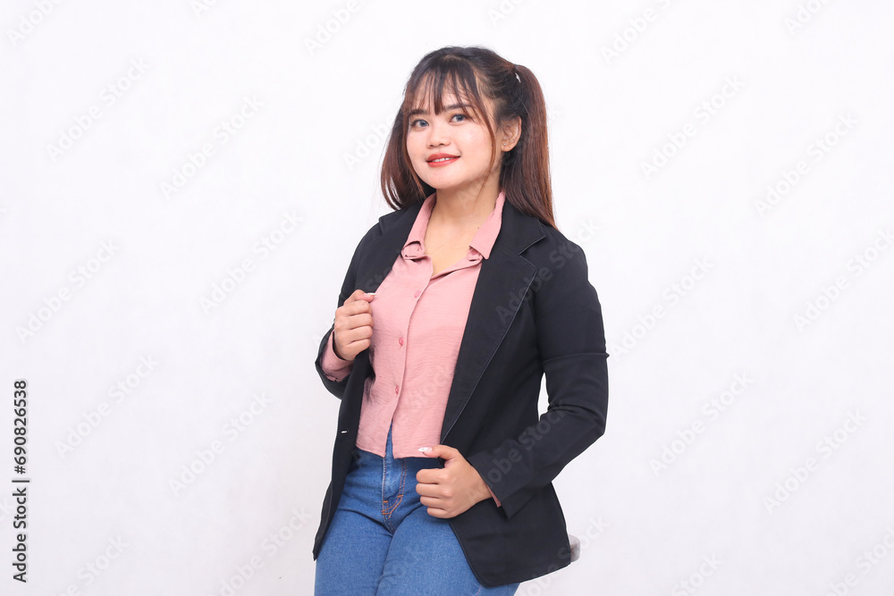 Beautiful Asian businesswoman in suit standing confidently cheerful on white background studio portrait for advertising materials, banners, billboards, job vacancies, business opportunities Beautiful Asian businesswoman in suit standing confidently cheerful on white background studio portrait for advertising materials, banners, billboards, job vacancies, business opportunities