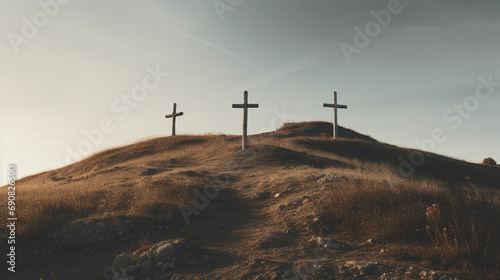 Symbolic Crucifixion: Crosses on the Sacred Hill, Generative AI