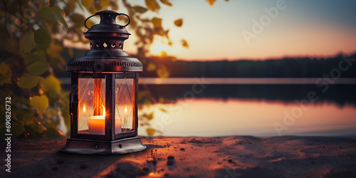 Old kerosene lantern with warm yellow light on a bridge by a lake in the evening,,
Antique Kerosene Lamp on Evening Bridge by the Lake photo