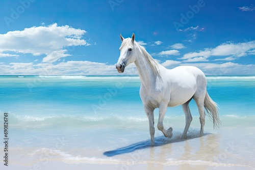 White horse on the beach, blue sky,