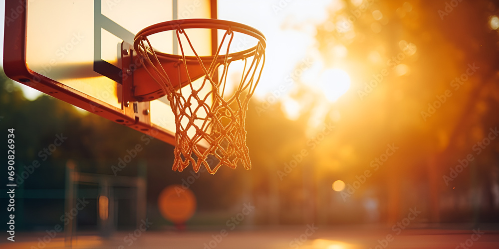 The Radiant Basketball Hoop Amidst Sunset Hues,,
Basketball hoop in the sun Sport game High quality photo Generative AI
