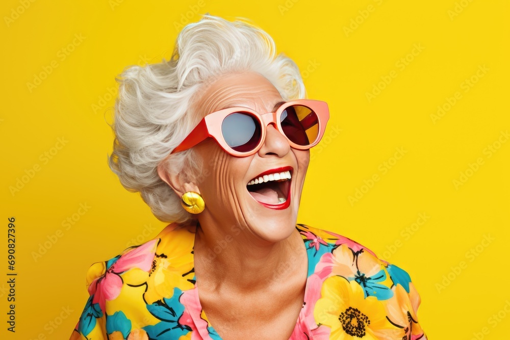 portrait of a cheerful smiling elderly grandmother in glasses on a yellow background