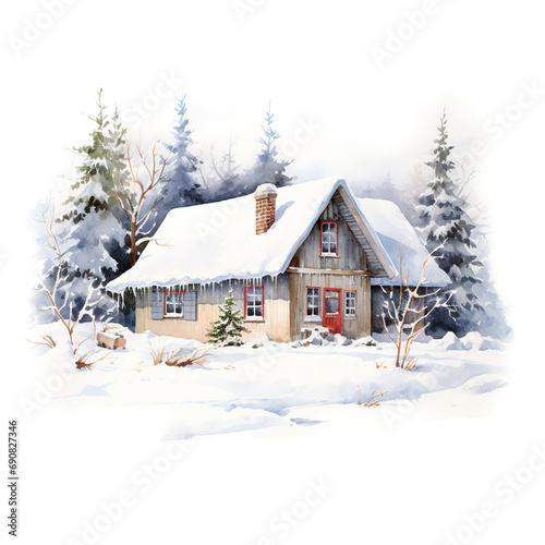 House on Snow Field For Christmas Event. Watercolor Style. AI Generated