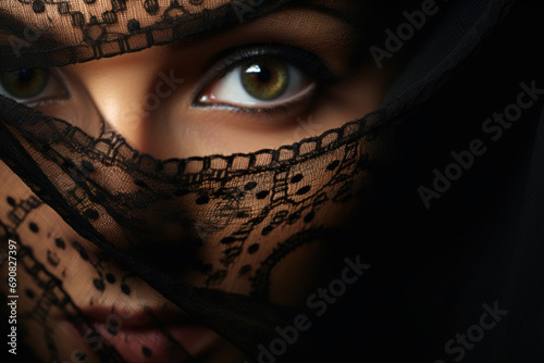 Beautiful arabic woman's face hidden behind the curtain of a veil, expressive eyes photo