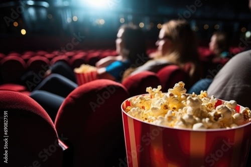 couple in the cinema watching a movie and eating popcorn photo