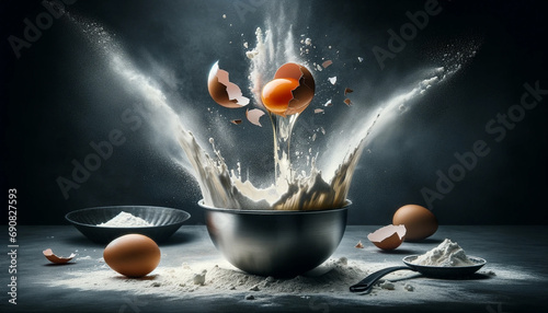 An image of an egg being cracked open with its components suspended in the air. Include a dynamic splash of flour - Generative AI