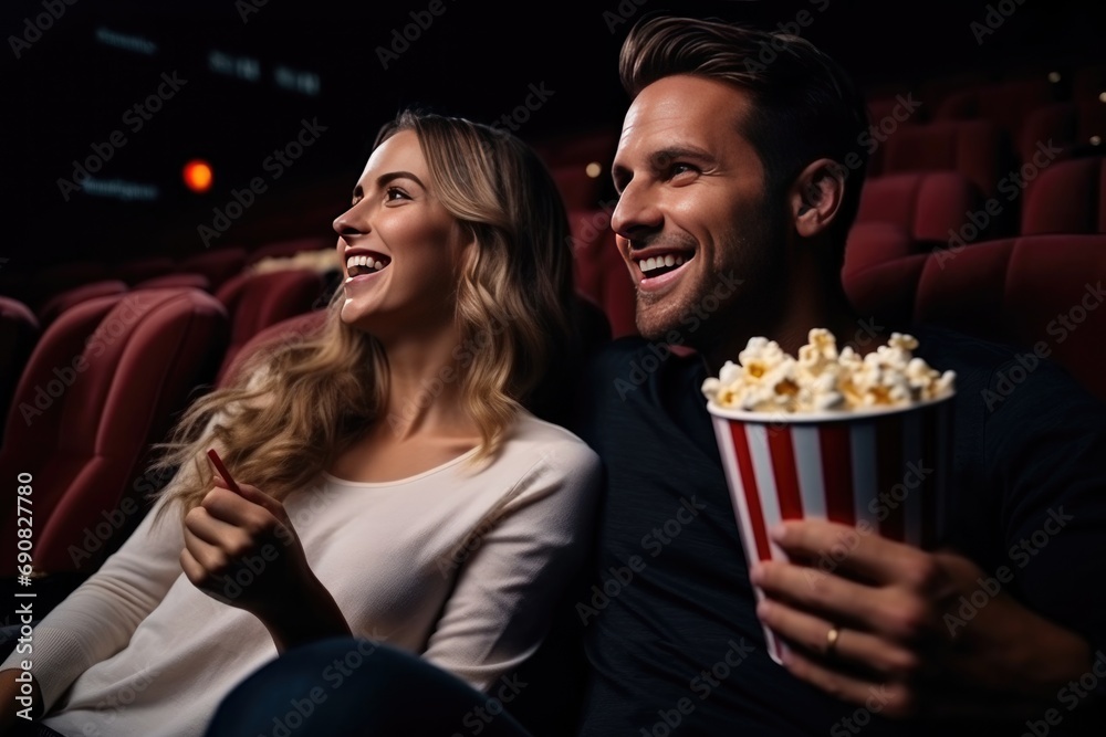 A couple happily laughing while sitting in a movie theater with a bucket of popcorn A couple happily laughing while sitting in a movie theater with a bucket of popcorn