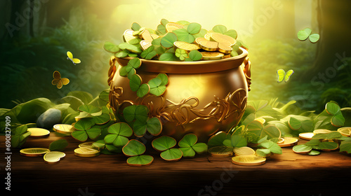 St. Patrick's Day Pot of Gold,, Leprechaun's Pot on Colorful Background,, Golden Treasure for St. Patrick's