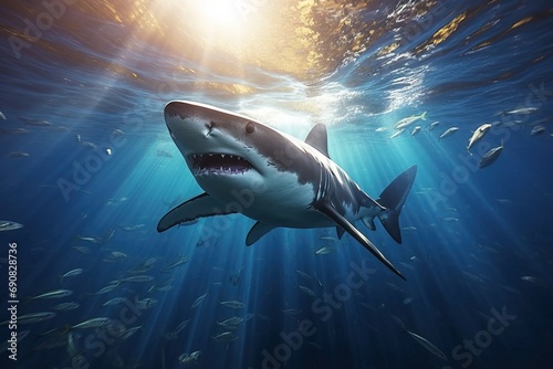 A photo of a shark taken from under the ocean and among the small fish generated by AI © DewaGedeDandyAdi