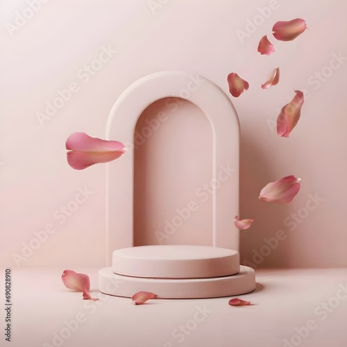 3D pastel pink pedestal podium set. Gradient display on natural beige background with petals falling, levitating. Showcase scene for beauty product, cosmetic presentation. Abstract minimal, 3D render  © Ezio
