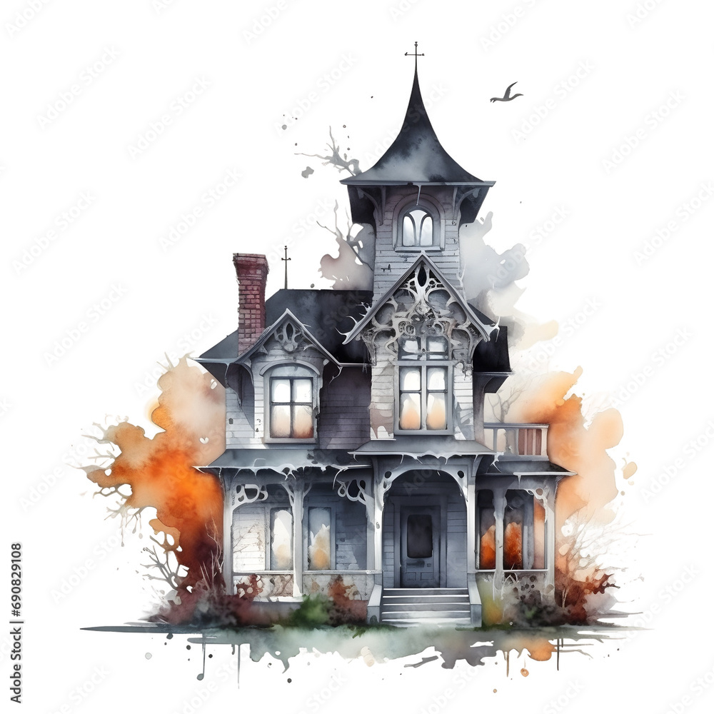 Cute cartoon watercolor halloween haunted house on a transparent background