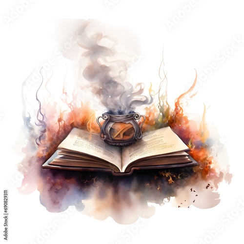 Cute cartoon watercolor halloween magic book on a transparent background