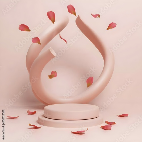 3D pastel pink pedestal podium set. Gradient display on natural beige background with petals falling, levitating. Showcase scene for beauty product, cosmetic presentation. Abstract minimal, 3D render