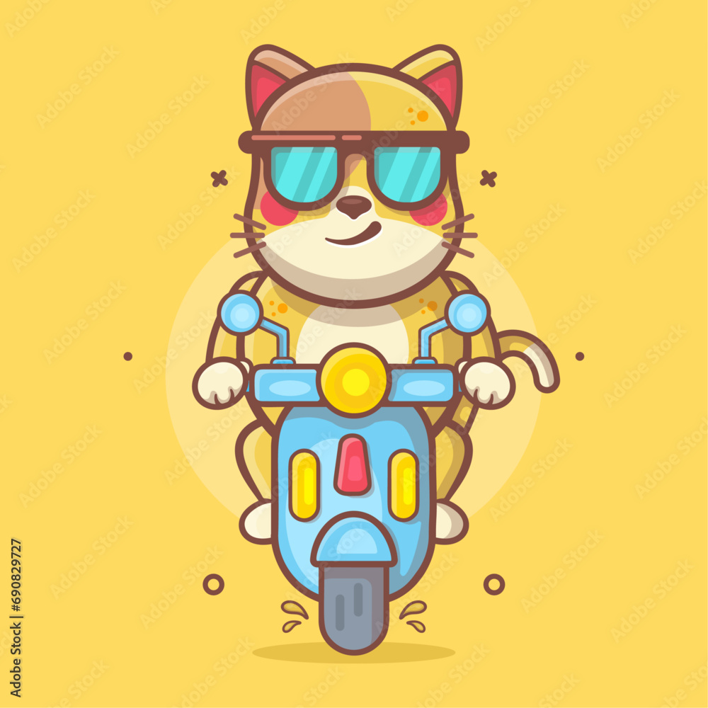cool cat animal character mascot riding scooter motorcycle isolated cartoon 