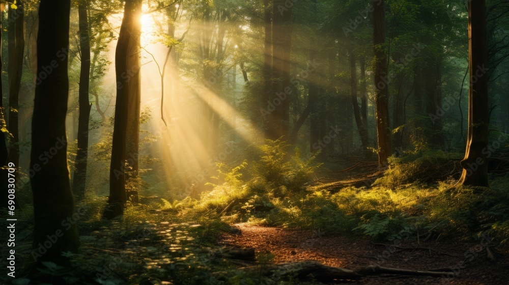 Obraz premium 森の中、木々の隙間から差し込む木漏れ日