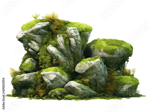 moss covered rocks setting isolated on transparent background