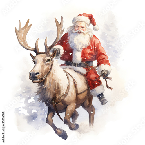 Santa riding a Reindeer For Christmas Event. Watercolor Style. AI Generated