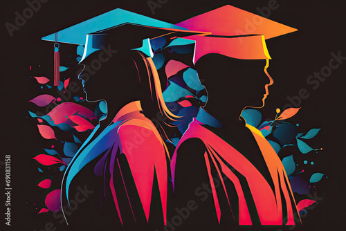 Vibrant silhouettes of two graduates facing opposite directions, their profiles highlighted in neon colors. Symbolizes diversity and the bright future of graduates. photo