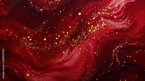 Red liquid with tints of golden glitters. Red background with a scattering of gold sparkles. Magic Galaxy of golden dust particles in red fluid with burgundy tints.  photo