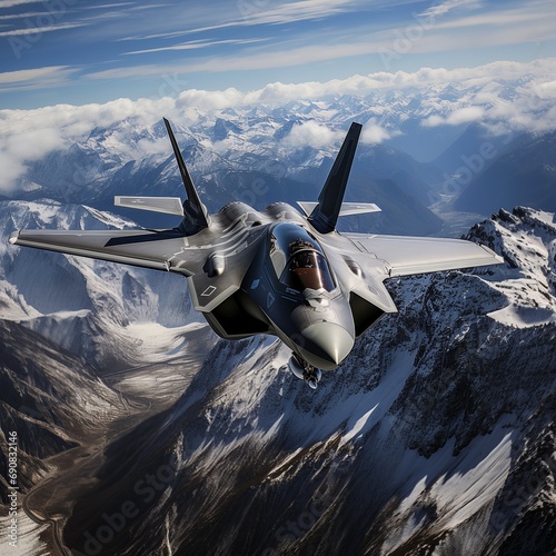 Stealth F-35 Lightning II Cruising in Mountainous Snowscape