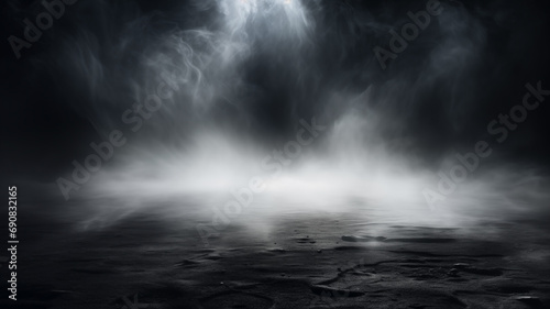 Smoke on floor,  empty foggy dark scene for display products, mist effect on black background photo