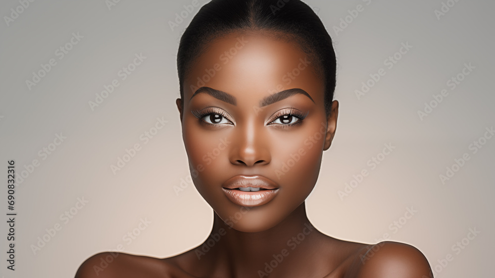 portrait of a beautiful young african american woman, perfect healthy smooth Skin black female. Beauty treatment, cosmetic, spa, make up, anti aging concept - obrazy, fototapety, plakaty 