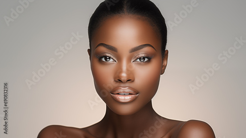 portrait of a beautiful young african american woman, perfect healthy smooth Skin black female. Beauty treatment, cosmetic, spa, make up, anti aging concept photo