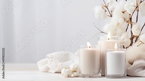 Stylish table with cotton flowers and aroma candles near light wall. Banner for design