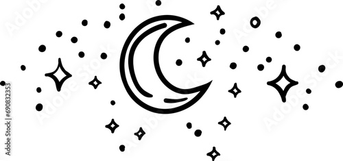 Hand drawn crescent moon line art, Vector Illustration for Ramadan Concept.