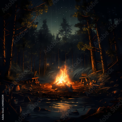 A campfire on the edge of a dark forest