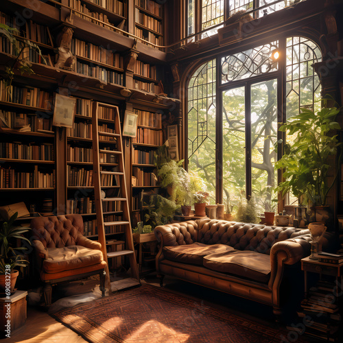 A cozy library corner with shelves of old books