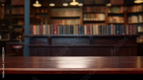 Dark mahogany empty desk up close  the interior of a vintage bookstore on a blurred background...