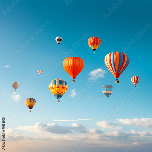 A group of hot air balloons in a clear sky.