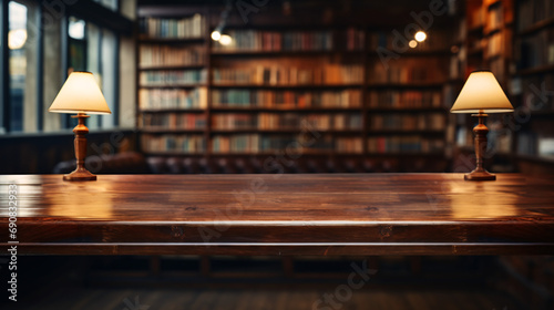 Dark mahogany empty desk up close, the interior of a vintage bookstore on a blurred background... photo