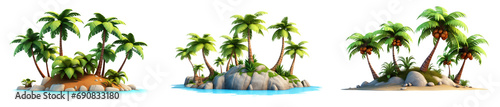 Set of 3d cartoon clipart island palm trees landscape,  isolated on white and transparent background