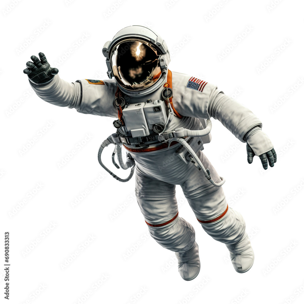 An illustration of an astronaut spaceman at a space station in outer space. Transparent spacesuits worn by astronauts for space operations
