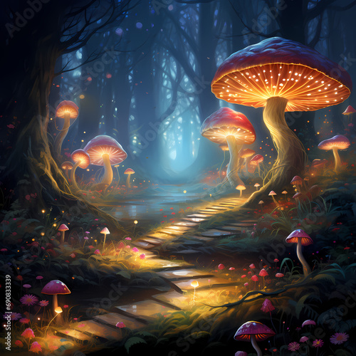 An enchanted forest with glowing mushrooms and mystical creatures