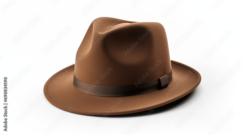 A brown hat on a white background, adding a touch of elegance to any outfit. A brown hat on a white background, adding a touch of elegance to any outfit.