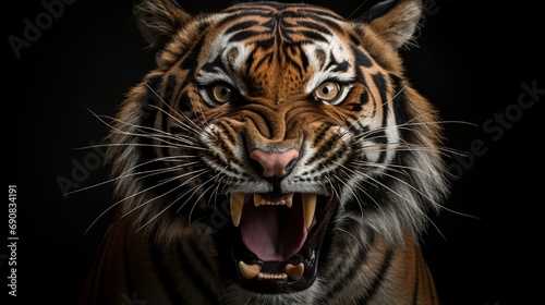 Angry face of sumatran tiger, animal angry, head of tiger sumatera closeup with grey background photo