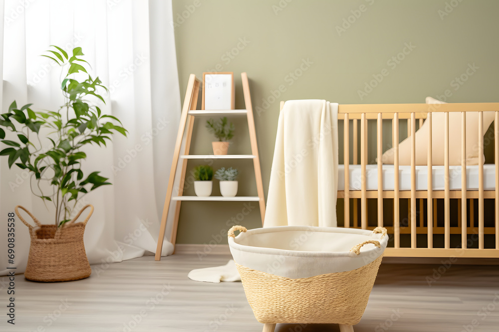 Interior of nursery room with baby crib and cradle - obrazy, fototapety, plakaty 