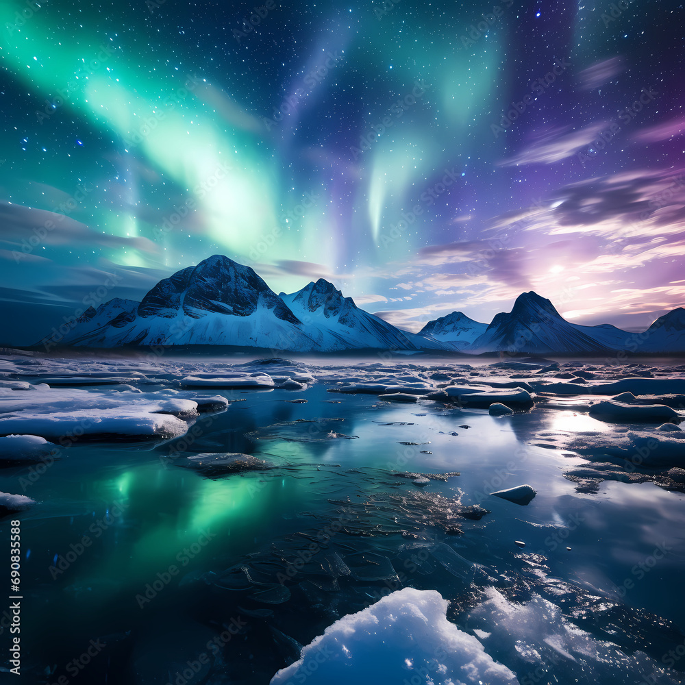Northern lights dancing over icy mountains