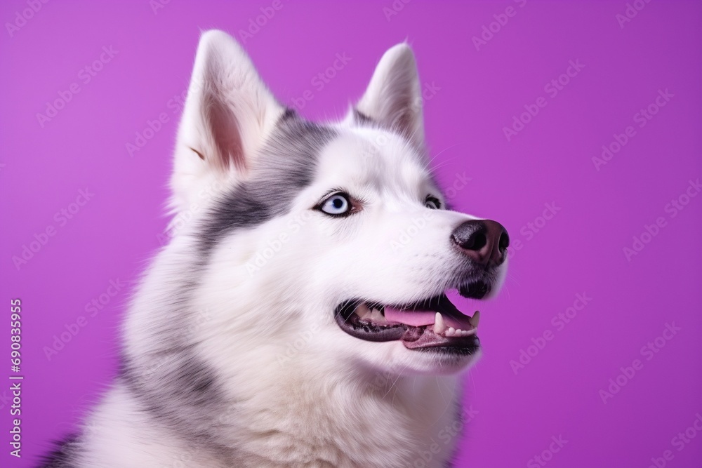 A close-up portrait of a husky dog with blue eyes and a purple background A close-up portrait of a husky dog with blue eyes and a purple background