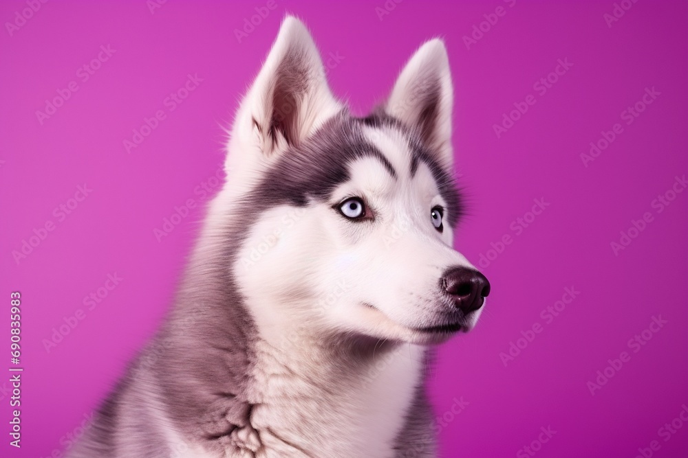 A close-up portrait of a husky dog with blue eyes and a purple background A close-up portrait of a husky dog with blue eyes and a purple background